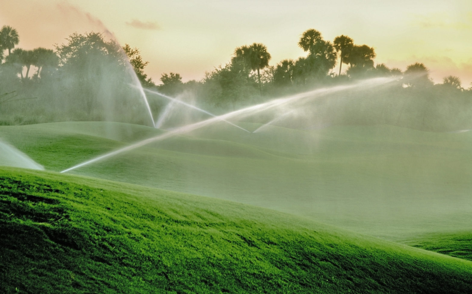A field with water sprinklers spraying from it.