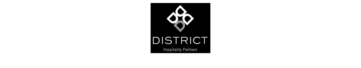 A black and white logo for district hospitality partners.